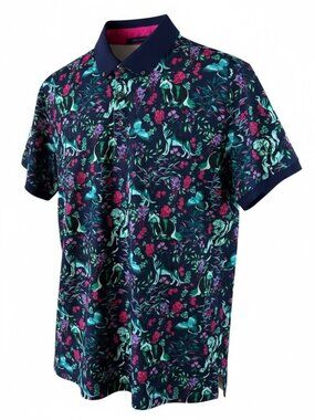 Greyson Floral Animal Print Rare Polo Navy Pink Golf Performance Shirt Mens M